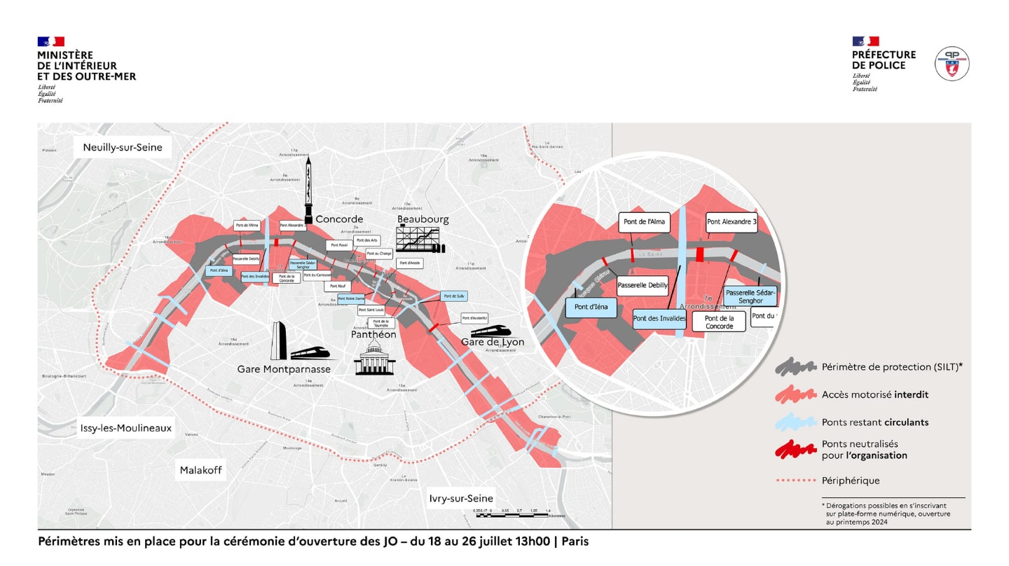 Une carte affichant les périmètres sécurisés pour la cérémonie des JOP de Paris 2024.