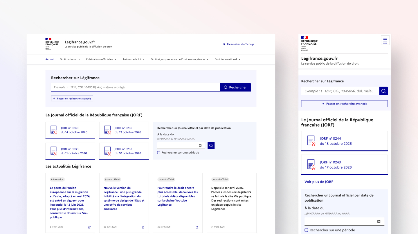 Interface du site legifrance.gouv.fr suite à sa refonte