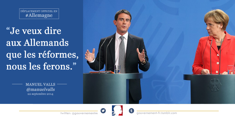 Déplacement officiel en #Allemagne. "Je veux dire aux Allemands que les réformes, nous les ferons". Manuel Valls @manuelvalls 22 septembre 2014