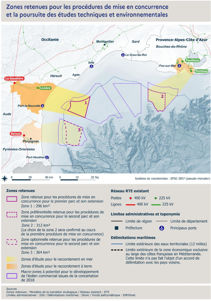 Les zones prévues pour l'implantation des deux nouveaux parcs éoliens en Méditerranée