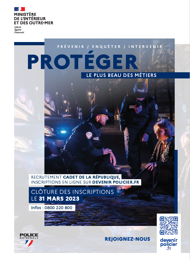 Affiche de la campagne de recrutement des cadets de la République jusqu'au 31 mars 2023<br>