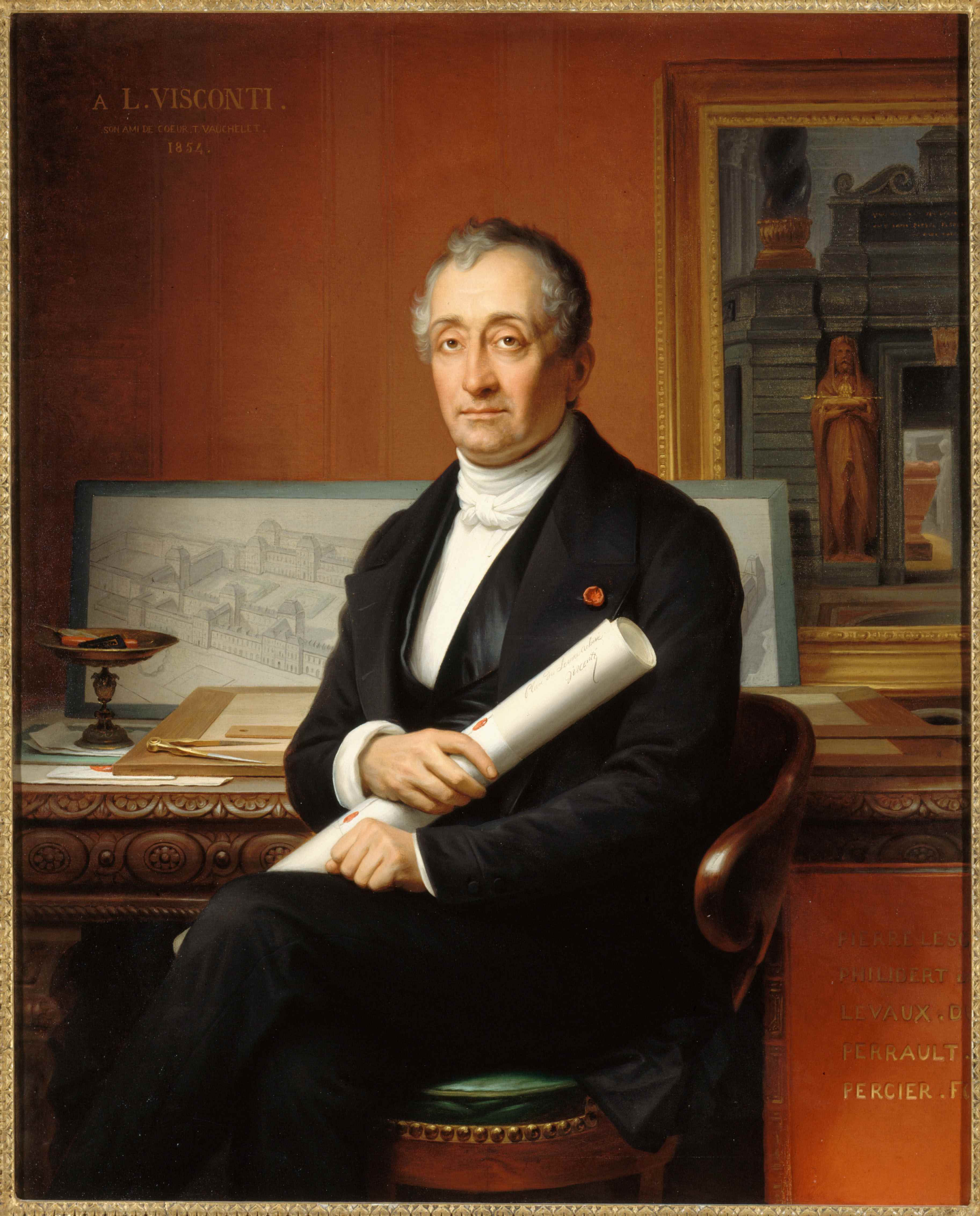 Portrait de
Louis Visconti (1791-1853) par Théophile Auguste Vauchelet, 1854. L’architecte est
représenté assis à sa table de travail sur laquelle on distingue divers plans
et vues dessinées.