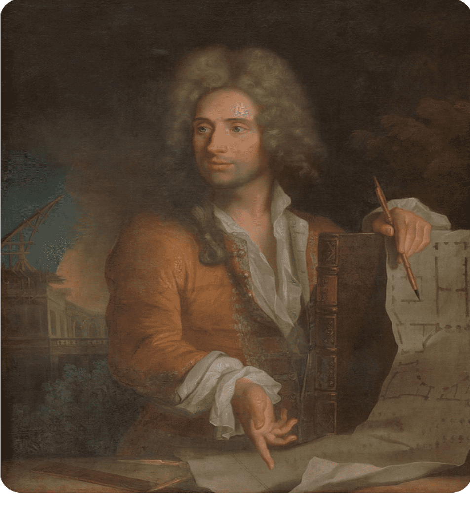 École française Portrait en buste d’Alexandre Le Blond, vers 1710. L’architecte est à sa table de travail devant les plans d’un bâtiment. Paris, collection particulière.