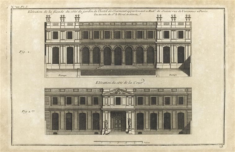 Élévation côté cour, détail. Plans et coupes édités par Alexandre Le Blond et publiés par
Jacques François Blondel dans son ouvrage Architecture française, tome premier,
édition 1752. Dessins de Blondel, gravure de Charles-Nicolas Cochin
(1715-1790). Versailles, musée national du château.