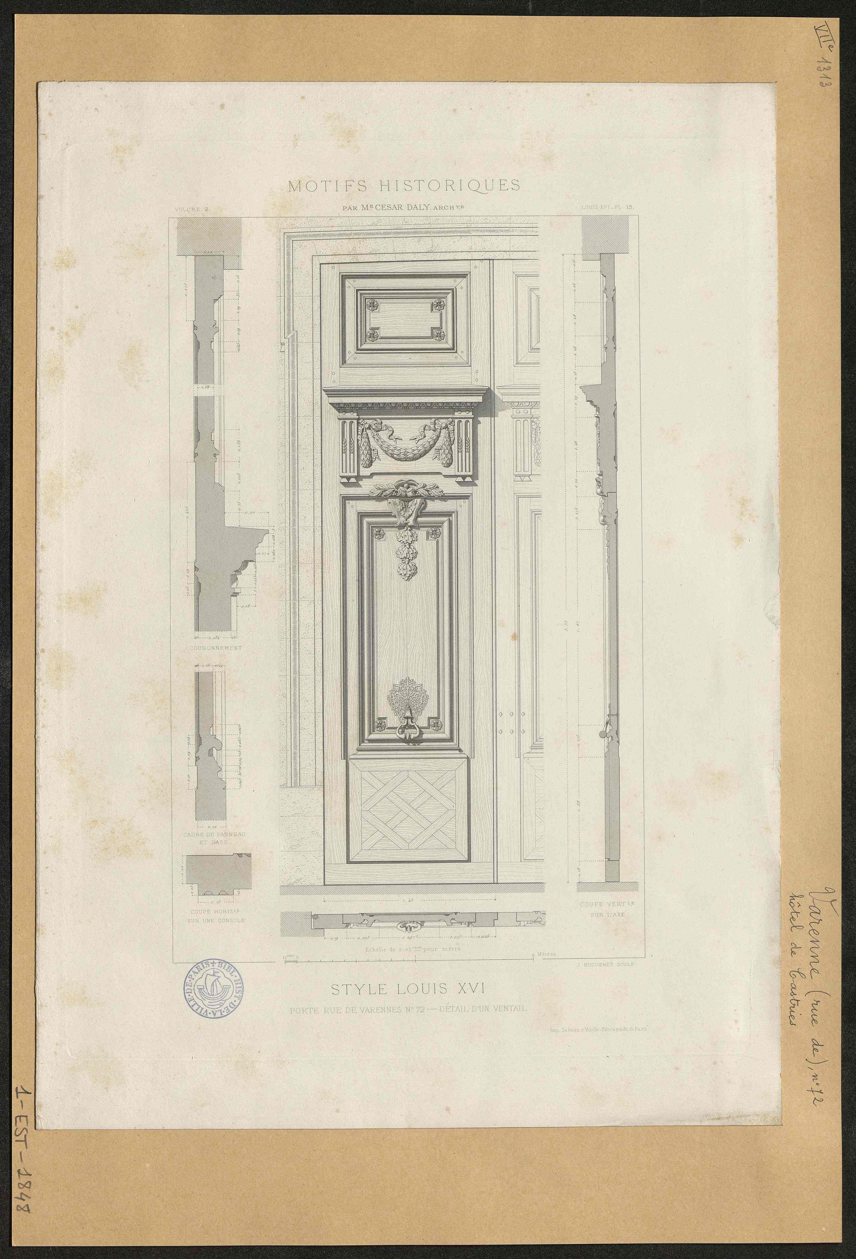 Dessin
d'architecture au crayon de l'un des vantaux en chêne du portail d'entrée.
César Daly, architecte.