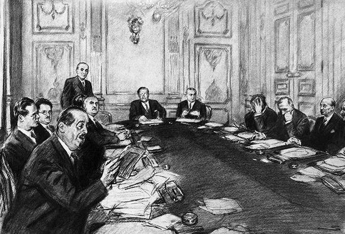 Dessin
illustrant la conférence des délégués patronaux et ouvriers à la présidence du
Conseil, avant la signature de l'accord du 7 juin 1936.