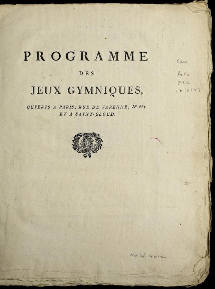 Page de couverture
de l'opercule édité en 1797 à l'occasion de la création des Jeux gymniques à
l'Hôtel d'Orsay. The Newberry Library.