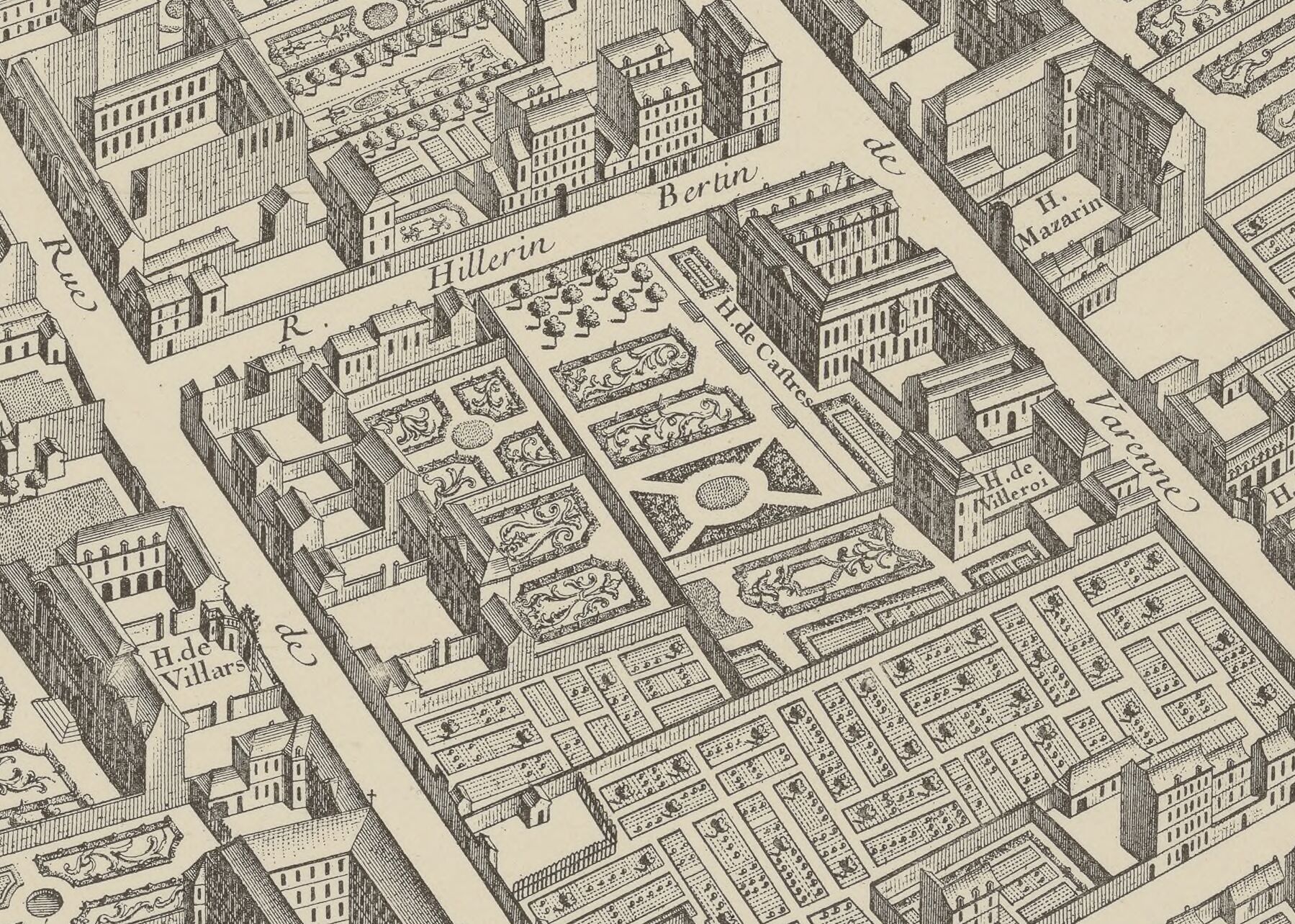 Plan
de Turgot, 1739 – Détail d’une planche gravée montrant l’Hôtel de Castries et
son jardin. Paris, Bibliothèque nationale de France.