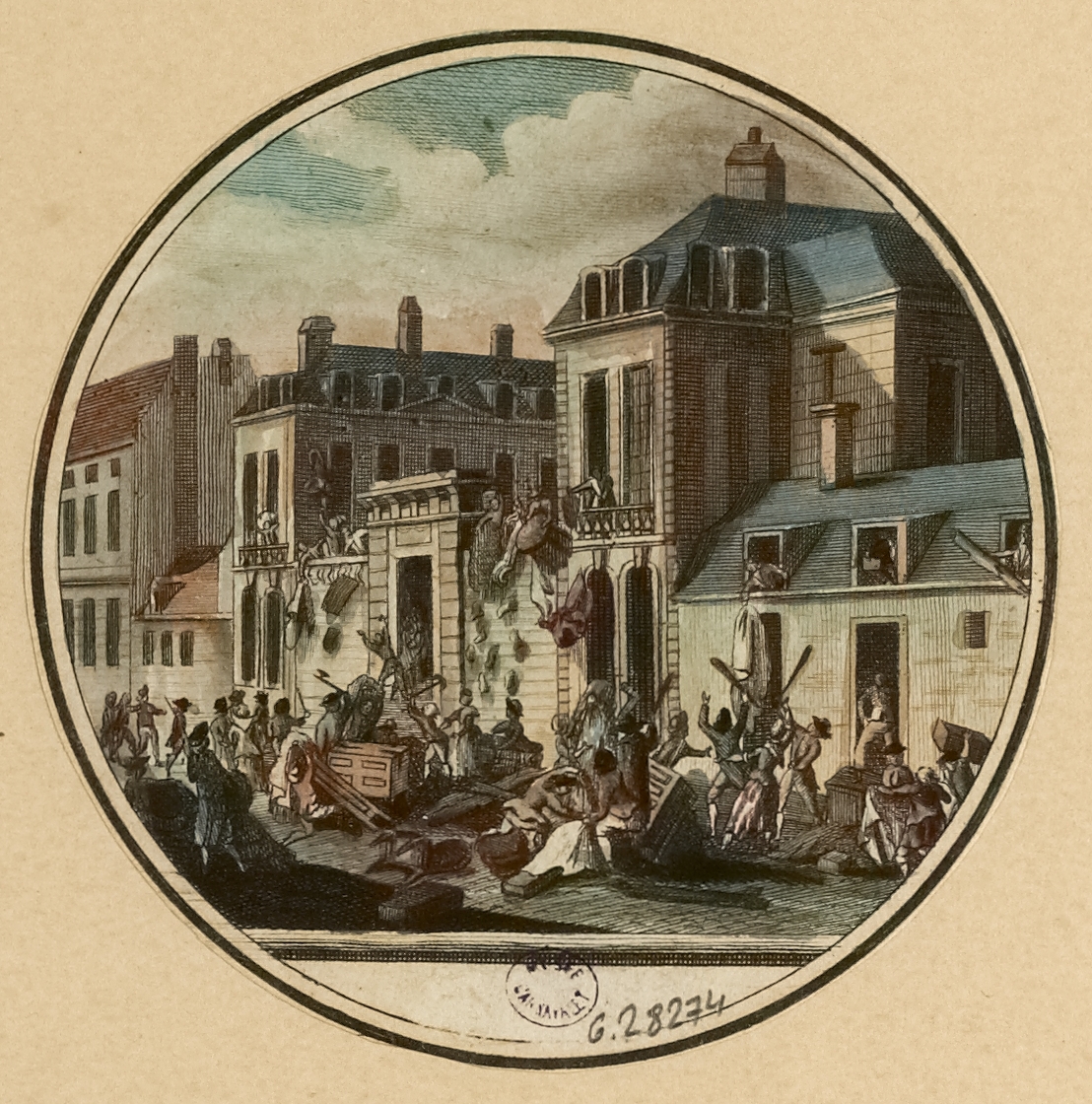 Pillage de
l’Hôtel de Castries, Eau-forte
coloriée, Philippe
Joseph Maillart, graveur, Lorent ou
Laurent, Jean-François, dessinateur 1795-1798