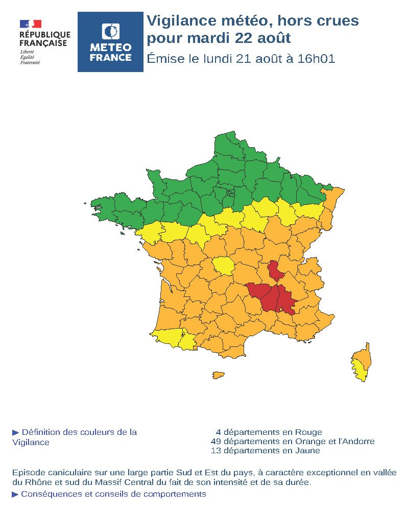 Carte de la France métropolitaine mettant en évidence les niveaux de vigilance météo dans chaque département lors de l'épisode caniculaire du mardi 22 août 2023.