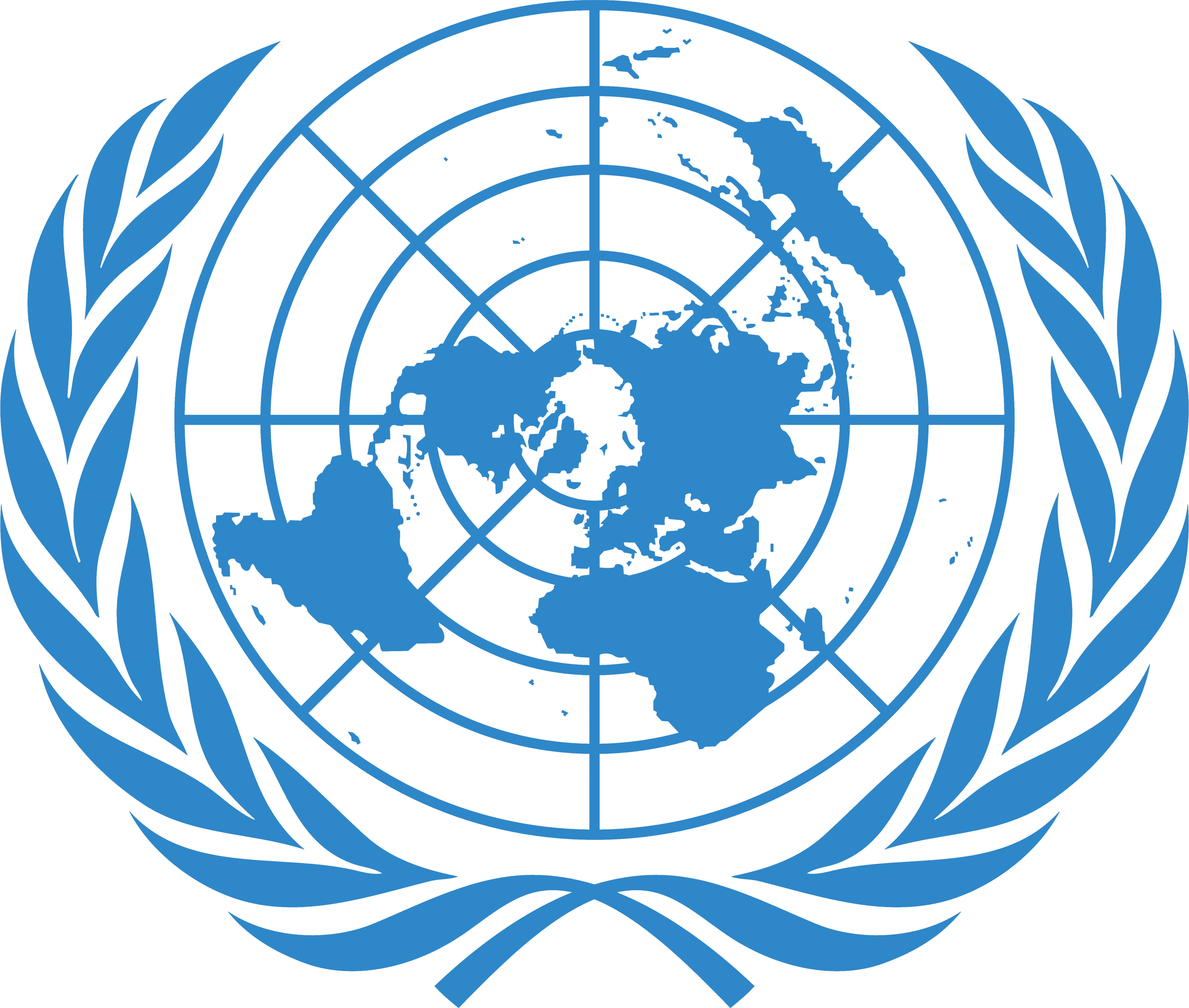 Logo des Nations Unies : deux lauriers qui entoure la Terre en forme de globes, de couleur bleue sur un fond blanc