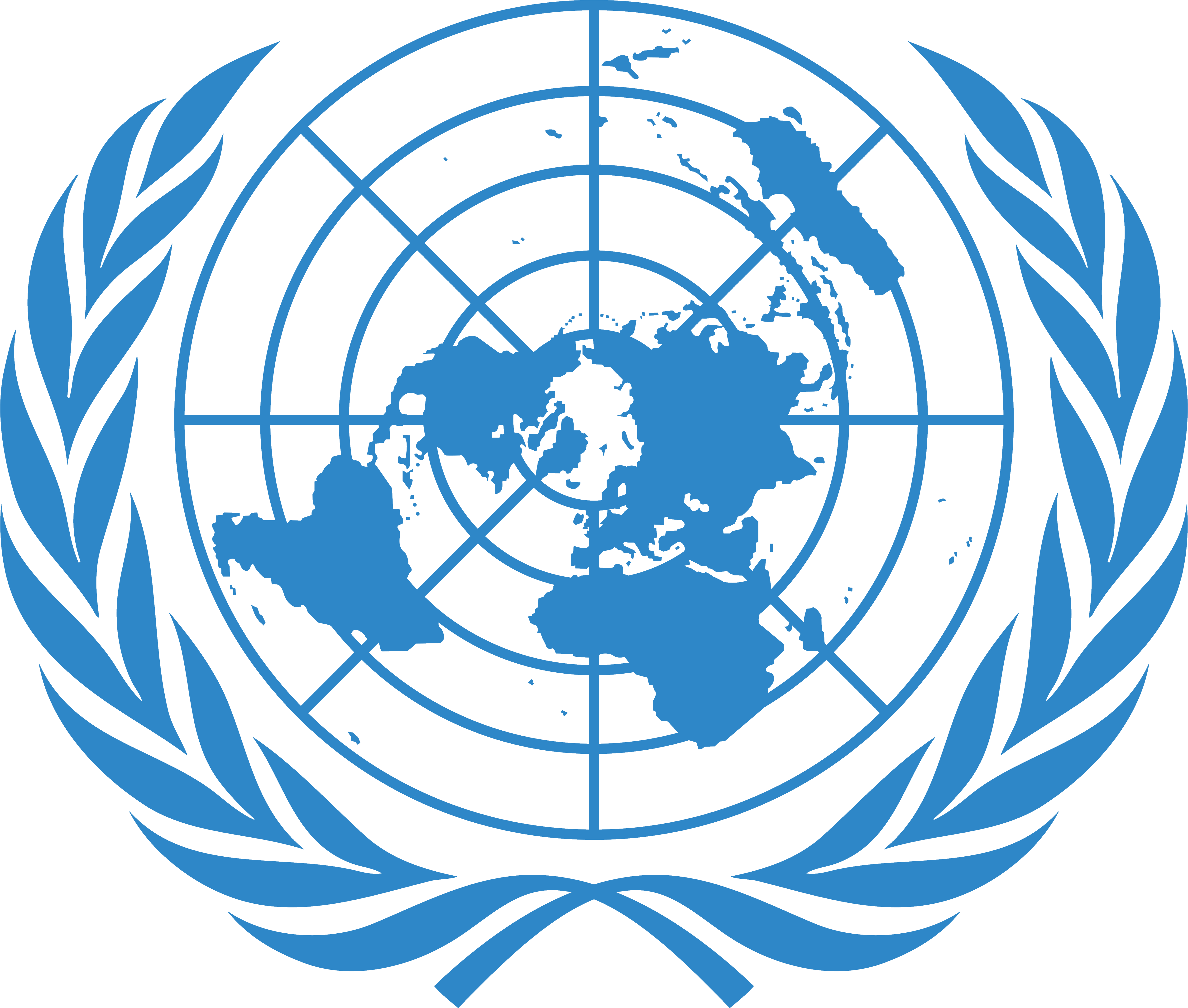 Logo des Nations Unies : deux lauriers qui entoure la Terre en forme de globes, de couleur bleue sur un fond blanc