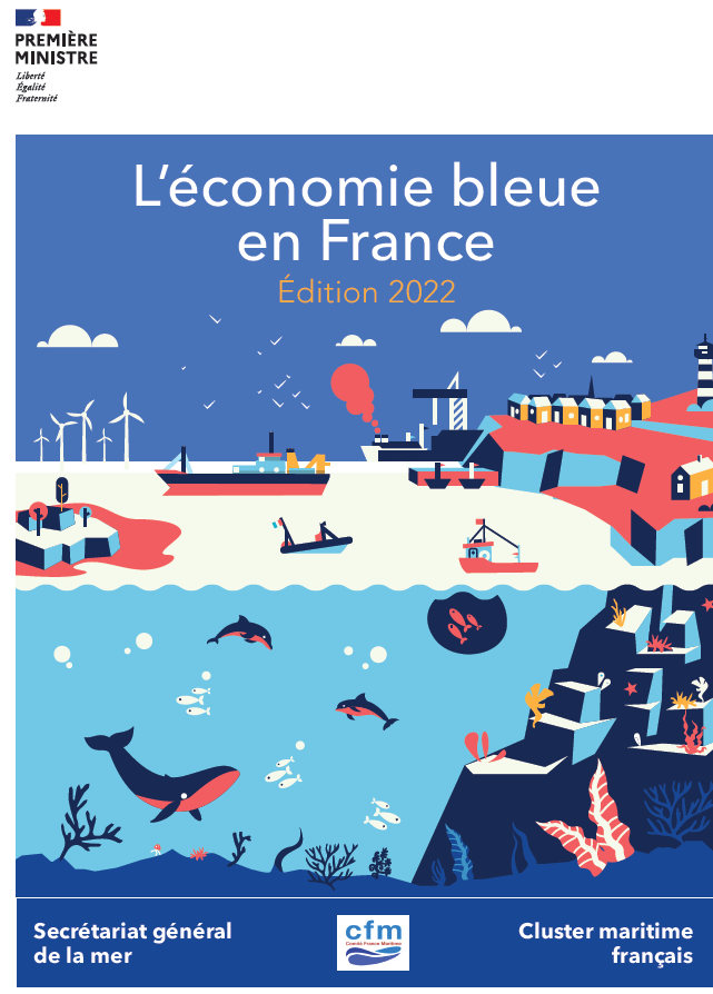 Illustration de "L'économie bleue en France" du Secrétariat général de la mer présentant une coupe sagittale d'un bord de mer mettant en lumière les fonds marins gorgés de poissons, dauphins, méduses et baleines ainsi qu'une végétation maritime présente sur les récifs. Au dessus de la surface de l'eau sont présents des bateaux de pêche, chalutiers et porte-conteneur pour le commerce. Sur terre, des habitations sont présentes, toutes proches d'un port où un navire est amarré.
