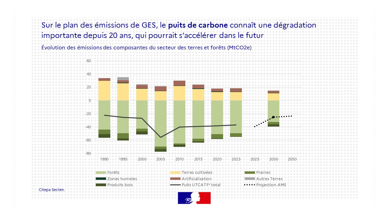 Sur le plan des émissions de GES, le puits de carbone connaît une dégradation importante depuis 20 ans, qui pourrait s’accélérer dans le futur