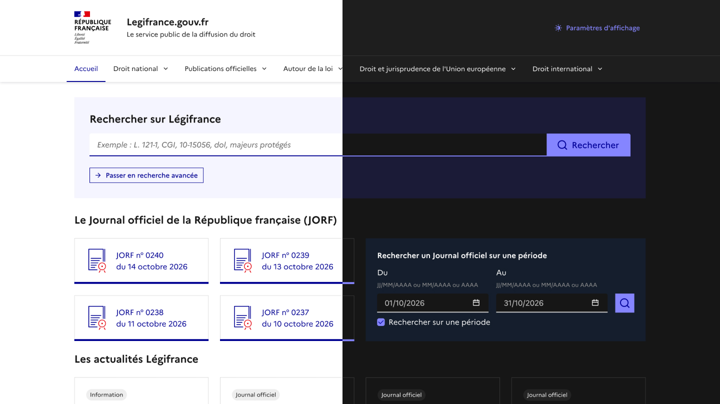 Fonctionnalité de paramétrage de l’affichage en thème clair ou sombre