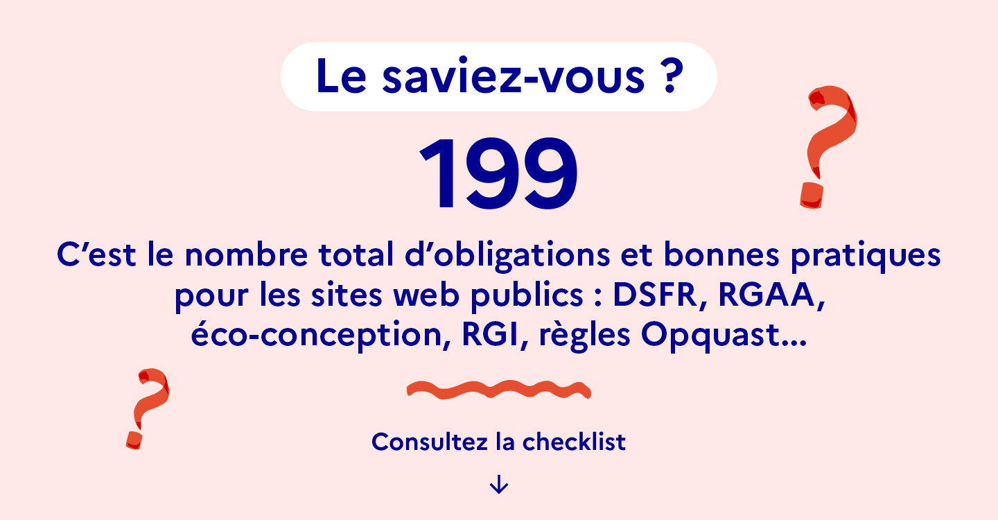 199. C'est le nombre total d'obligations et bonnes pratiques pour les sites publics.